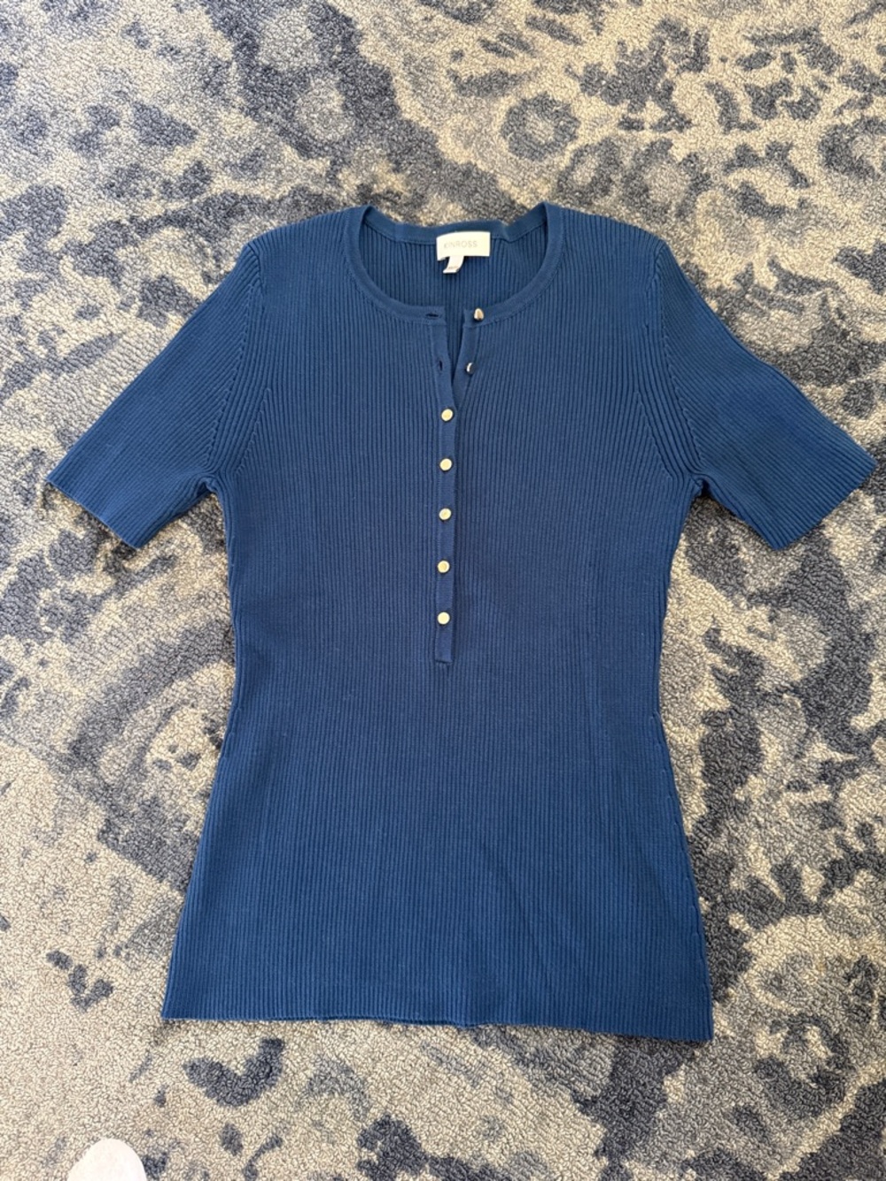 Kinross Blue Ribbed Short-Sleeve Henley Top